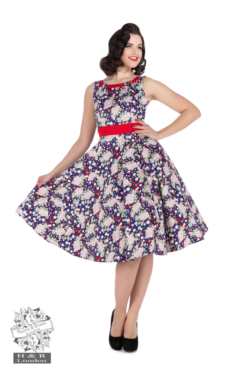 Navy Dot Floral Sleeveless Swing Dress